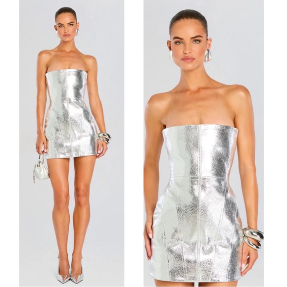 Retrofete Casmir Silver Leather Strapless Mini Dress Size Small - Picture 3 of 8